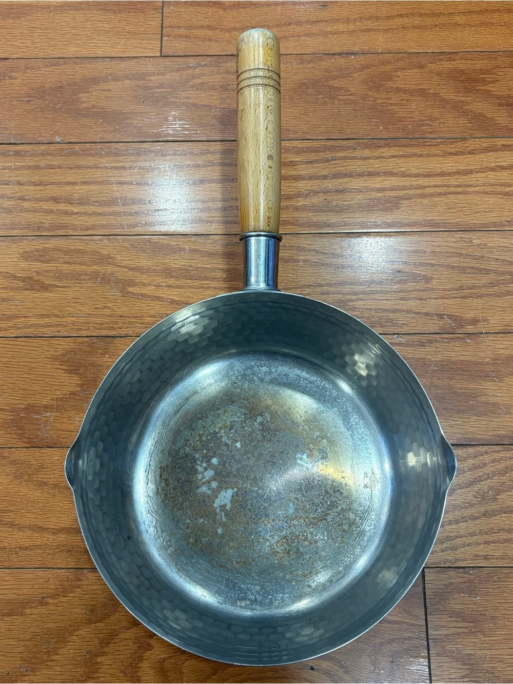 Wood-Handled Hammered Steel Frying Pan - Silver